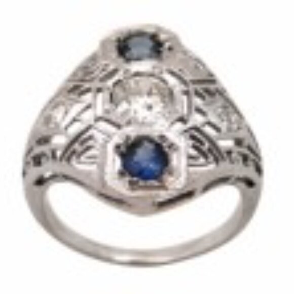14K Lady's Art Deco Filigree Old European Diamond & Sapphire Engagement Ring - Picture 3 of 3